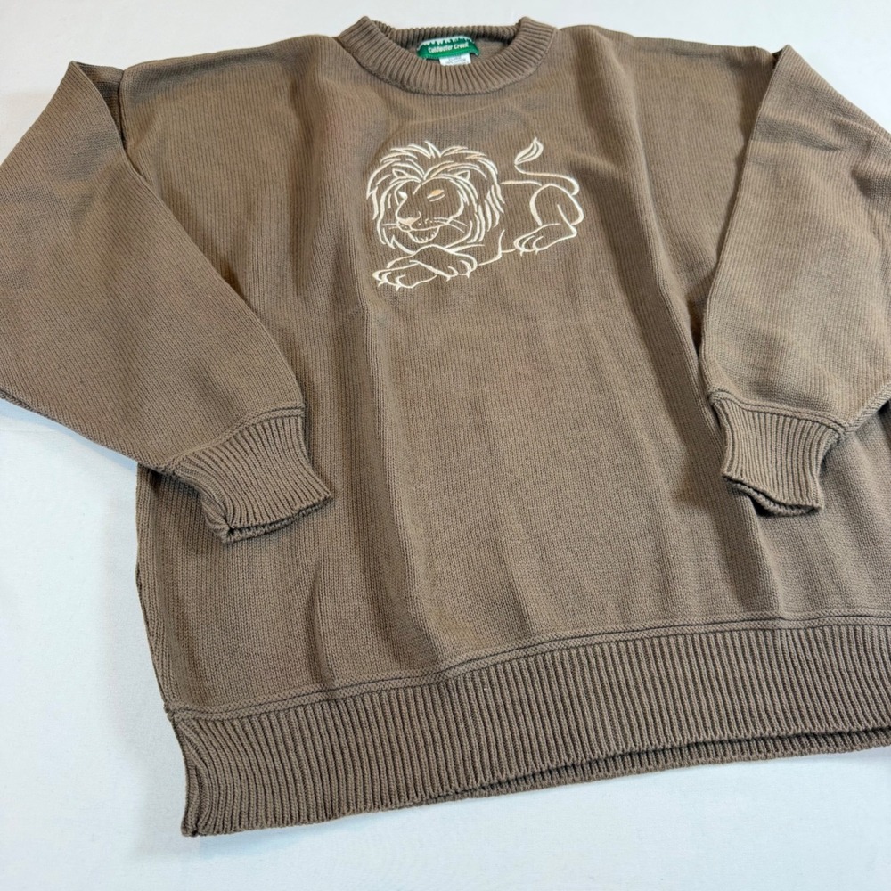 Vtg Lion Sweater XL Brown Cotton Knit Embroidered USA Safari Grunge Jumper - Picture 2 of 7